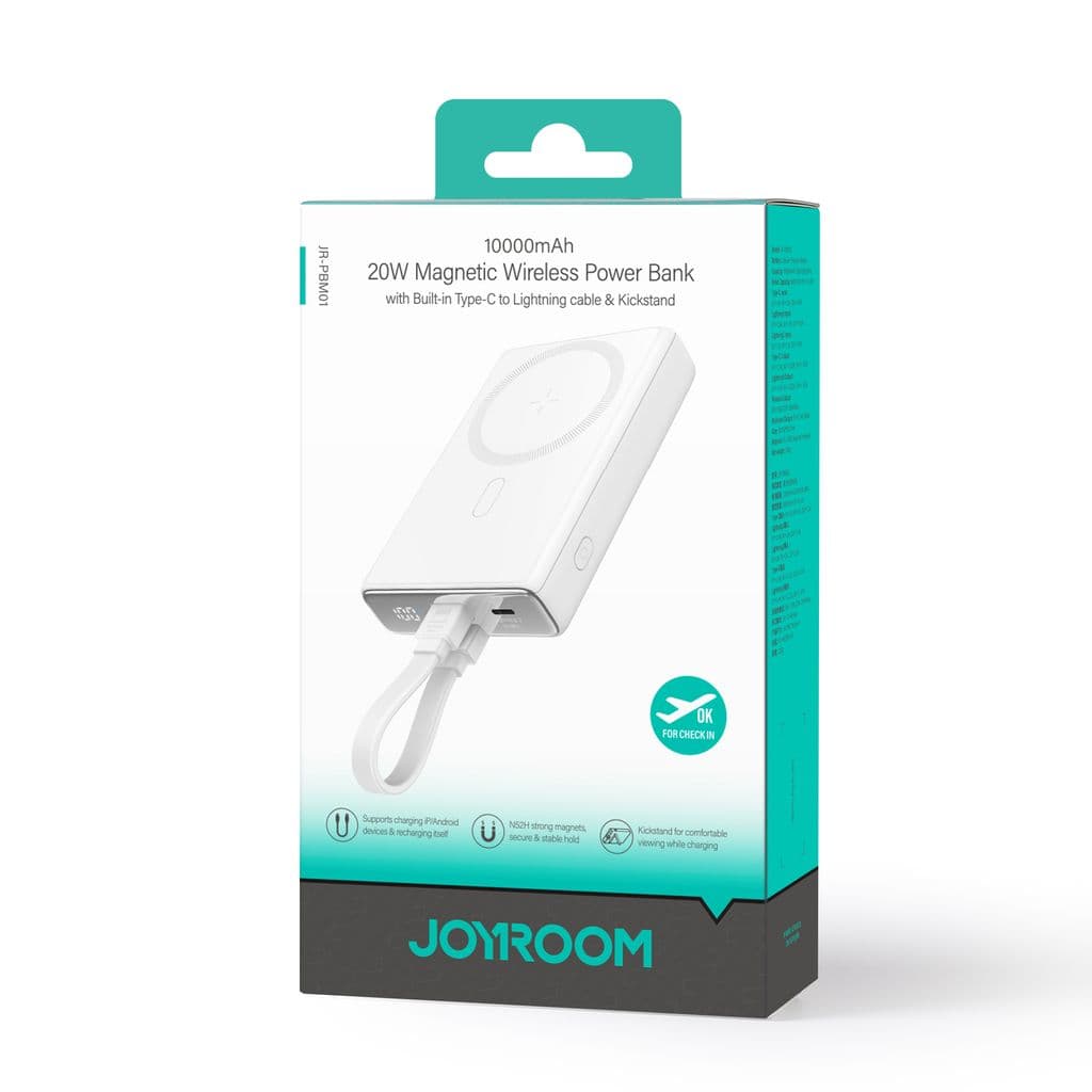 Joyroom 20W magnetisk trådlös Powerbank 10000mAh med kabel och stativ - vit