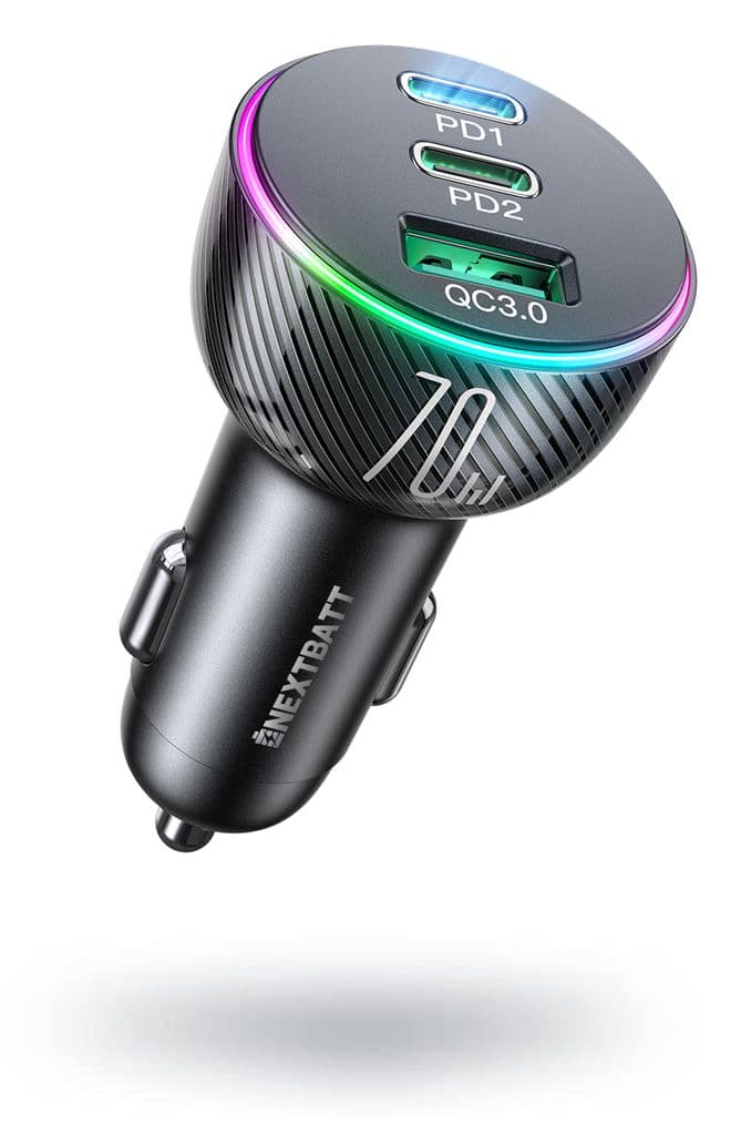 NEXTBATT LED Billaddare 70W PD, USB-A / 2x USB-C - Svart