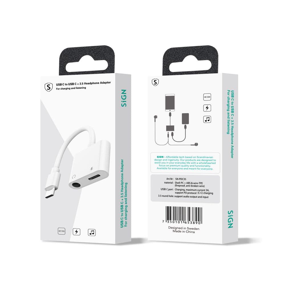 SiGN USB-C till 3.5mm AUX Adapter, 3A - Ladda & Lyssna - Vit