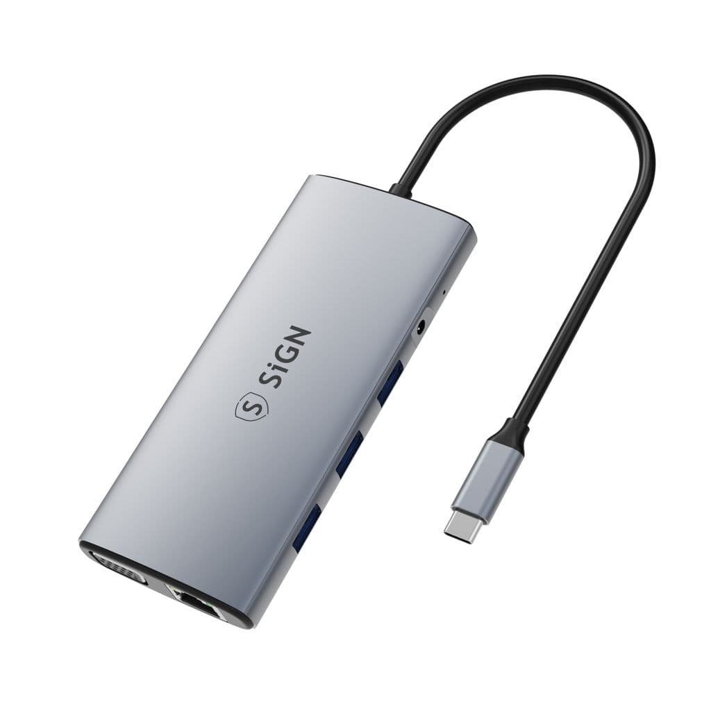 SiGN 11-i-1 hubb USB-C till HDMI/VGA/RJ45/USB-C/USB-A/SD/TF/3.5mm – Silver