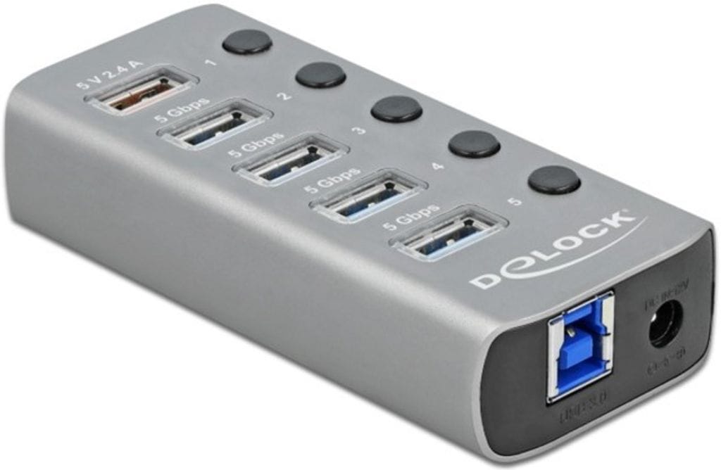 Delock USB-A-hubb med 5x USB-A-portar, 5 Gbps-hubb med switch och belysning