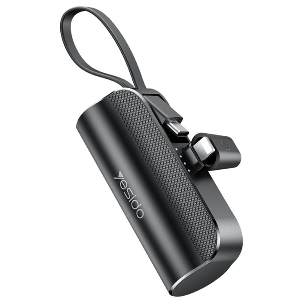 Yesido Ultra Mini Powerbank 5000mAh med USB-C-kabel / Lightning-kontakt - Svart