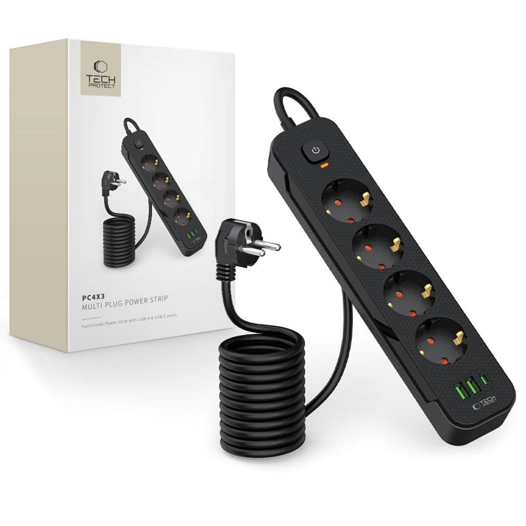 Tech-Protect Power Strip 4 Sockets 240V + 2x USB-A + 1x USB-C - Svart