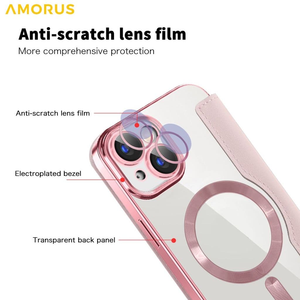 AMORUS iPhone 14 Plånboksfodral MagSafe RFID-blockerande – Rosa