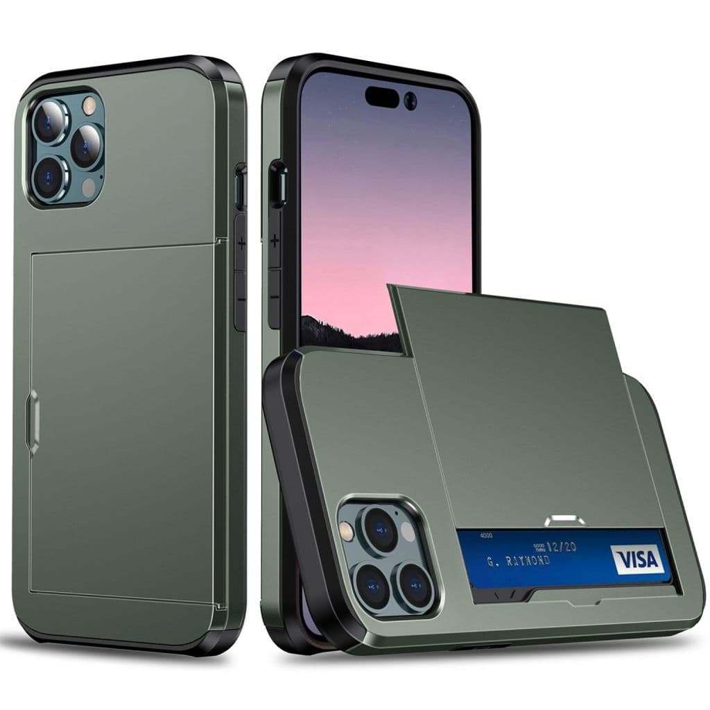 iPhone 14 Pro Skal med glidkortshållare - Army Grön
