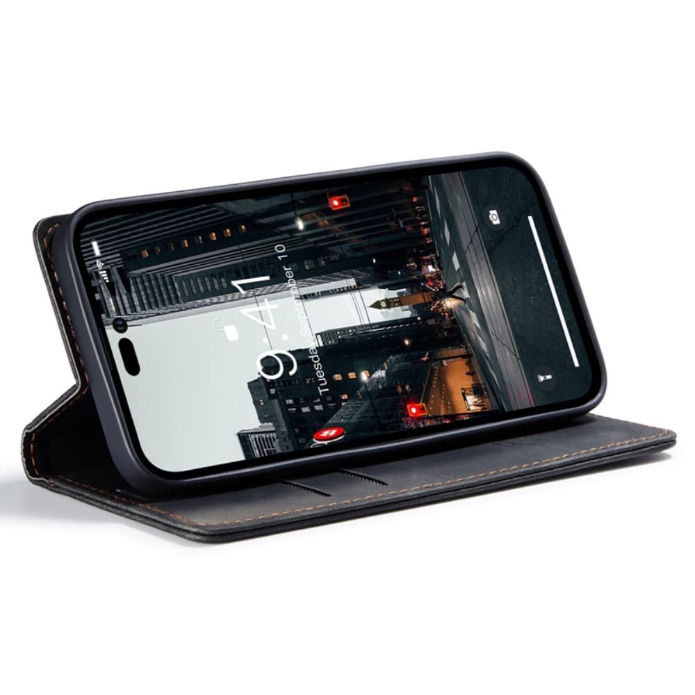 Svart iPhone 14 Pro telefonfodral med ett stativ