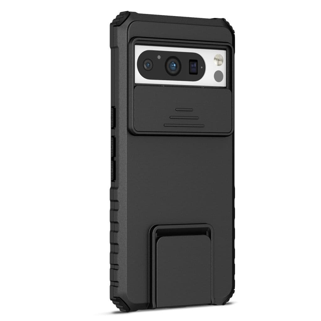 Google Pixel 8 Pro skal med ett kameraskydd och stativ - Svart