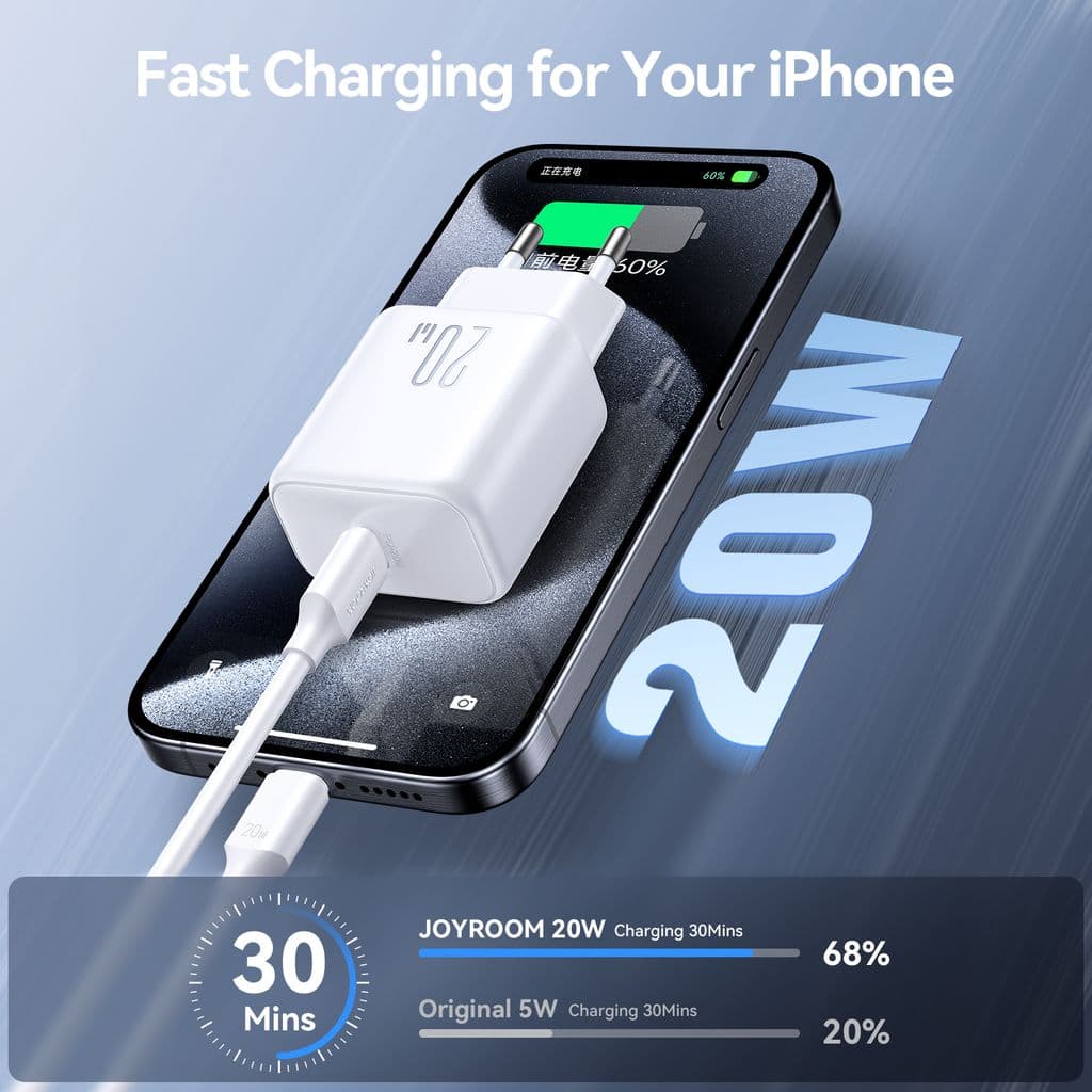 Joyroom PD 20W USB-C snabbladdare med 20W USB-C till Lightning-kabel, 1m - Vit