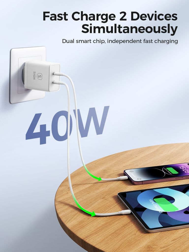 SiGN Dual USB-C PD Laddare 40W - Vit